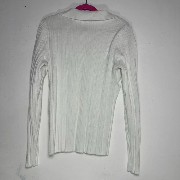 White House Black Market Ribbed Polo Sweater White V-Neck Long Sleeve XS - Picture 2 of 6